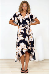Carolina Midi Dress - V Neck Wrap Dress with Ruffle High Low Hemline in Illaria Print