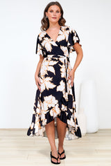 Carolina Midi Dress - V Neck Wrap Dress with Ruffle High Low Hemline in Illaria Print