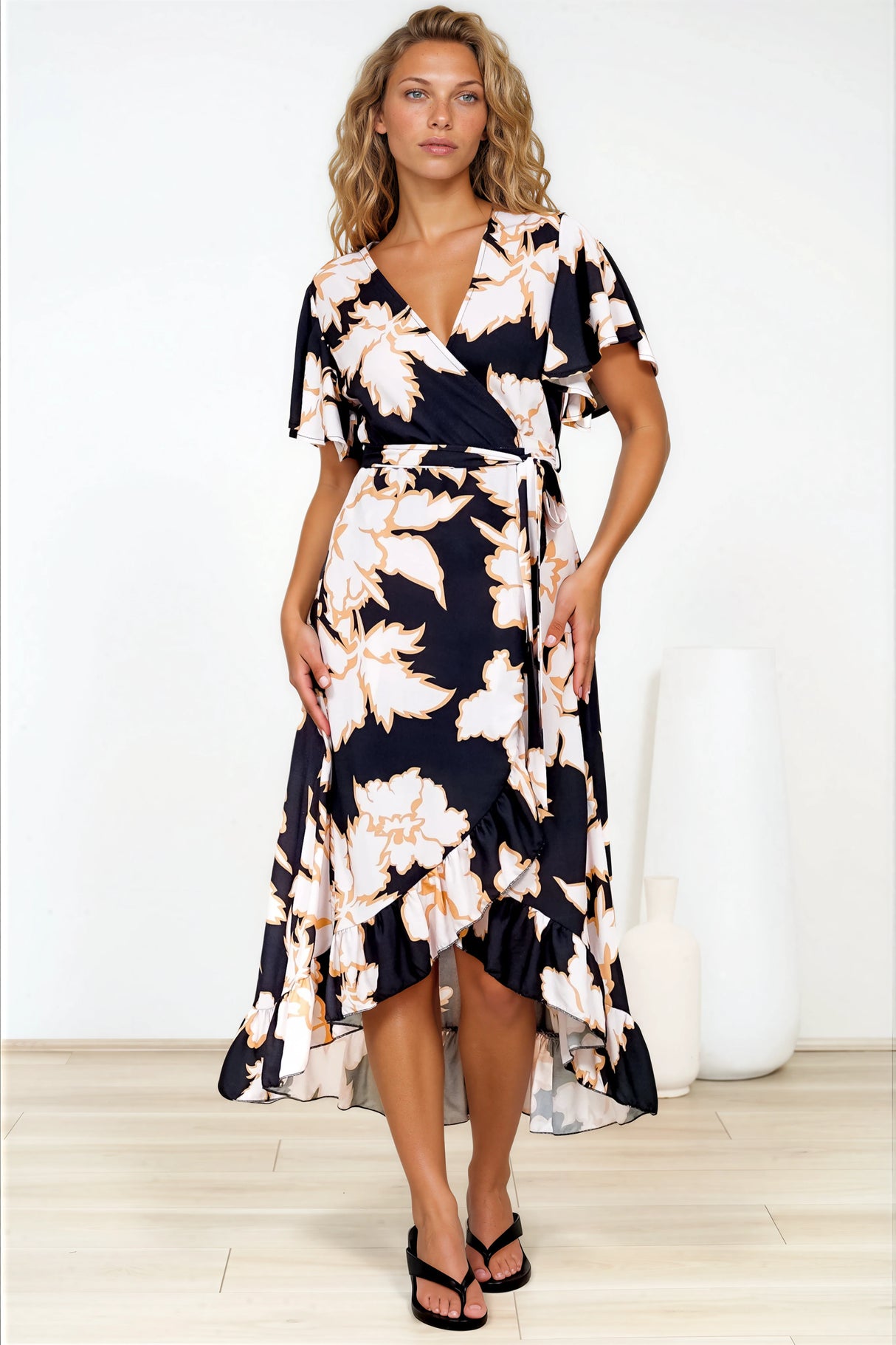 Carolina Midi Dress - V Neck Wrap Dress with Ruffle High Low Hemline in Illaria Print