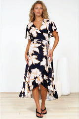 Carolina Midi Dress - V Neck Wrap Dress with Ruffle High Low Hemline in Illaria Print