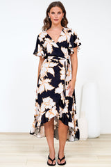 Carolina Midi Dress - V Neck Wrap Dress with Ruffle High Low Hemline in Illaria Print
