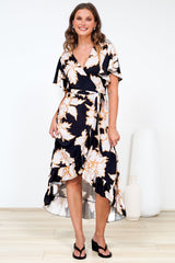 Carolina Midi Dress - V Neck Wrap Dress with Ruffle High Low Hemline in Illaria Print