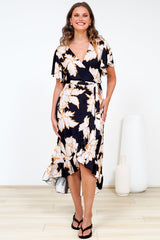 Carolina Midi Dress - V Neck Wrap Dress with Ruffle High Low Hemline in Illaria Print