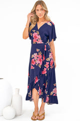 Carolina Midi Dress - V Neck Wrap Dress with Ruffle High Low Hemline in Jayce Print Navy