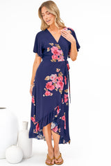 Carolina Midi Dress - V Neck Wrap Dress with Ruffle High Low Hemline in Jayce Print Navy