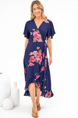 Carolina Midi Dress - V Neck Wrap Dress with Ruffle High Low Hemline in Jayce Print Navy