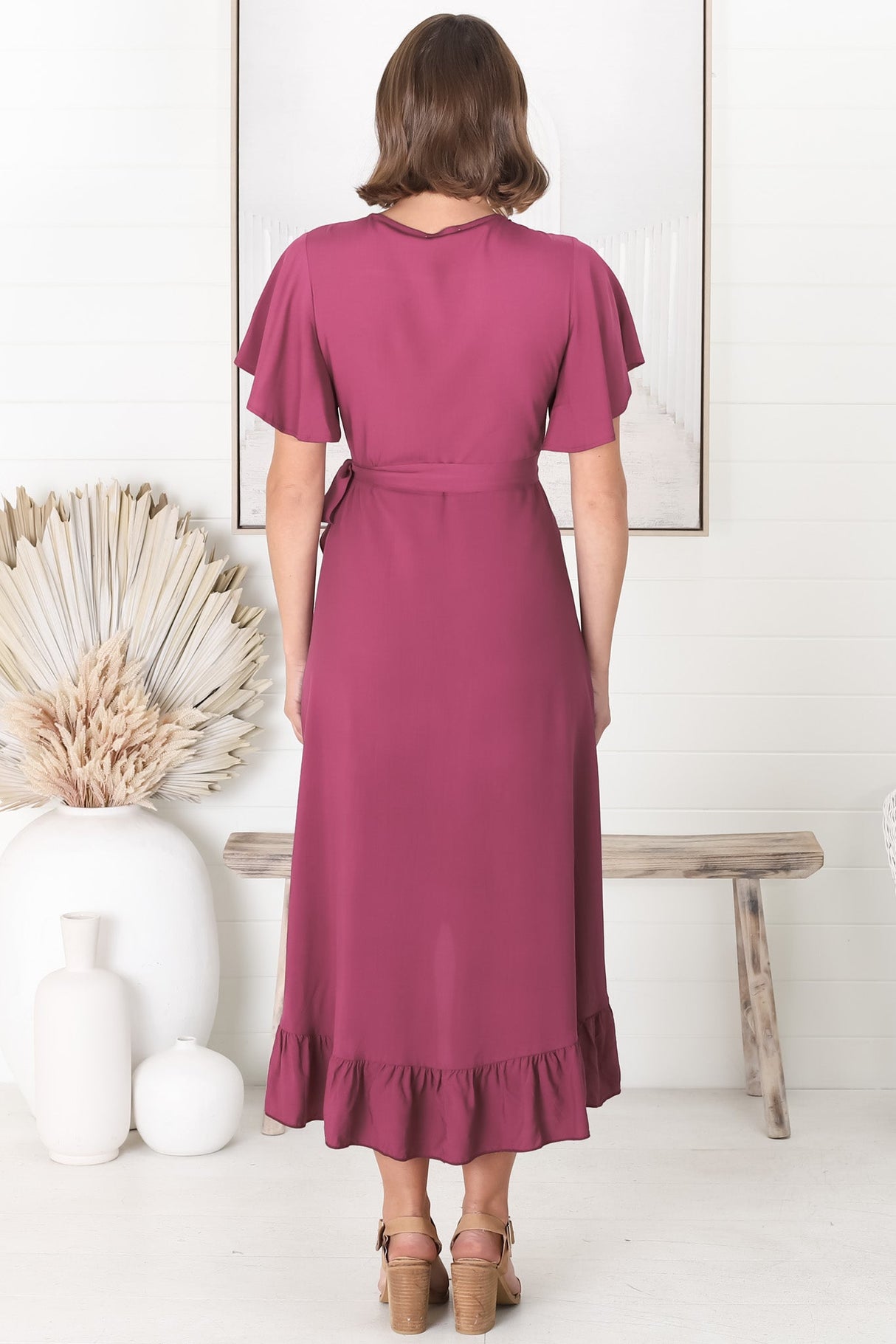 Carolina Midi Dress - V Neck Wrap Dress with Ruffle High Low Hemline in Purple