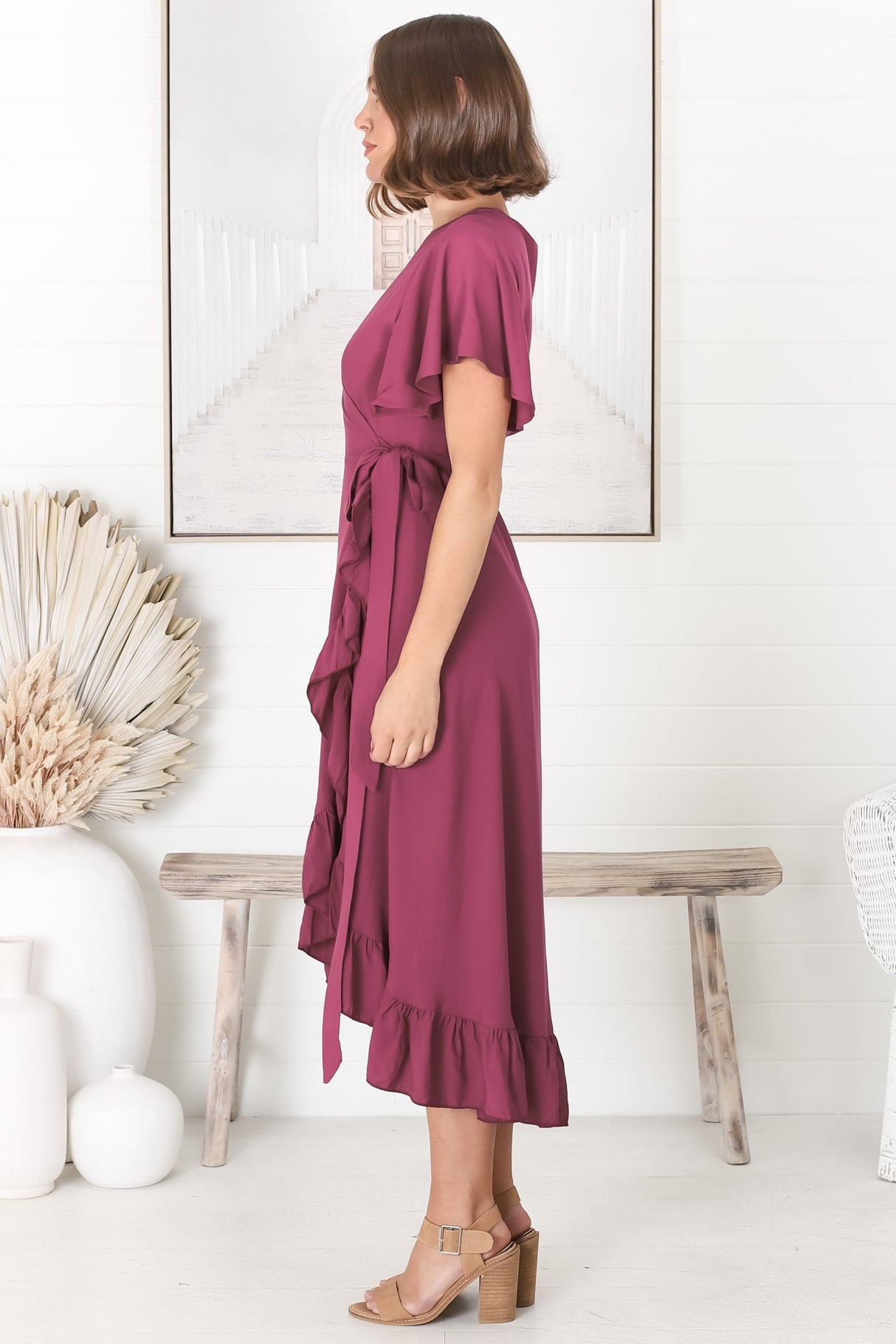 Carolina Midi Dress - V Neck Wrap Dress with Ruffle High Low Hemline in Purple