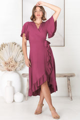 Carolina Midi Dress - V Neck Wrap Dress with Ruffle High Low Hemline in Purple