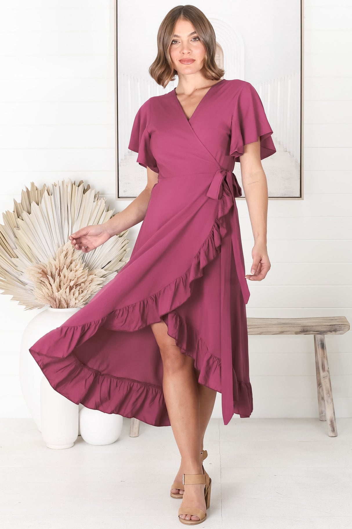 Carolina Midi Dress - V Neck Wrap Dress with Ruffle High Low Hemline in Purple