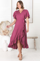 Carolina Midi Dress - V Neck Wrap Dress with Ruffle High Low Hemline in Purple