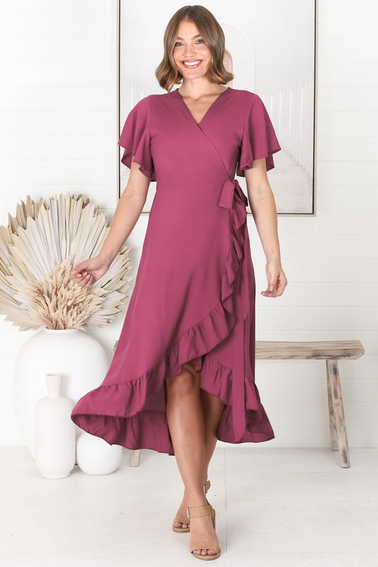 Carolina Midi Dress - V Neck Wrap Dress with Ruffle High Low Hemline in Purple