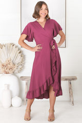 Carolina Midi Dress - V Neck Wrap Dress with Ruffle High Low Hemline in Purple