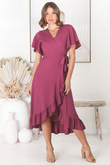 Carolina Midi Dress - V Neck Wrap Dress with Ruffle High Low Hemline in Purple