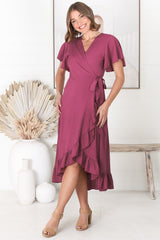 Carolina Midi Dress - V Neck Wrap Dress with Ruffle High Low Hemline in Purple