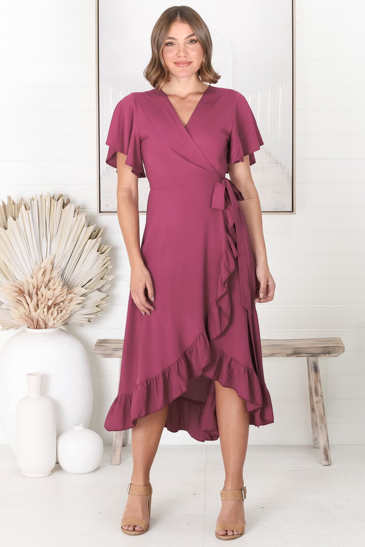 Carolina Midi Dress - V Neck Wrap Dress with Ruffle High Low Hemline in Purple