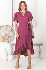 Carolina Midi Dress - V Neck Wrap Dress with Ruffle High Low Hemline in Purple