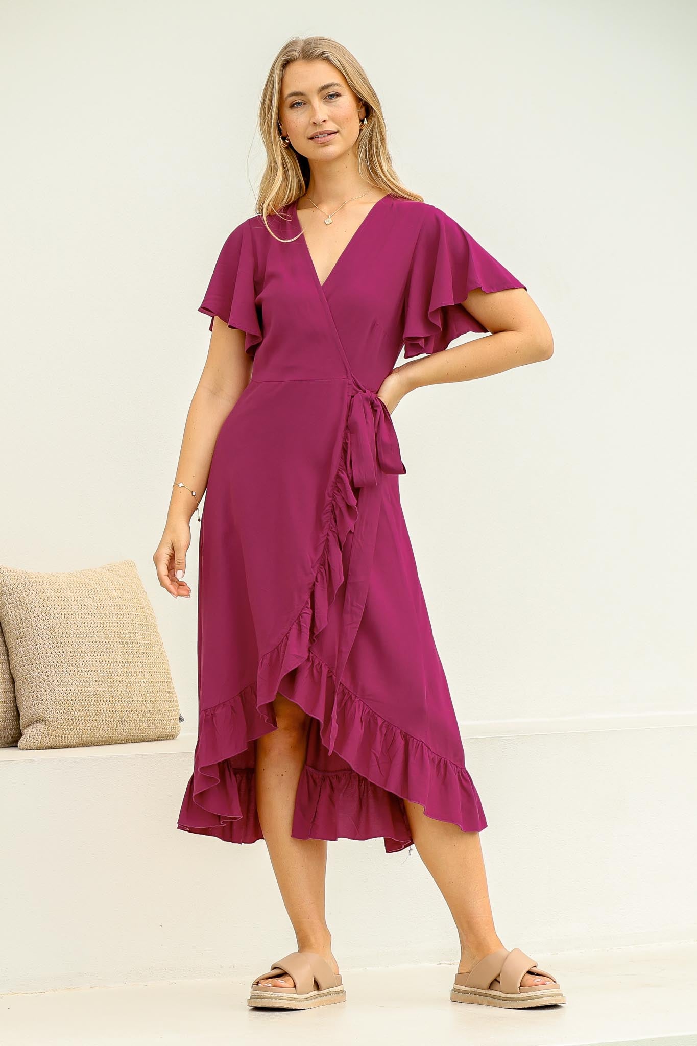 Carolina Midi Dress - V Neck Wrap Dress with Ruffle High Low Hemline in Purple