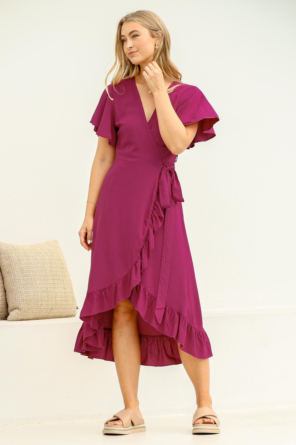 Carolina Midi Dress - V Neck Wrap Dress with Ruffle High Low Hemline in Purple