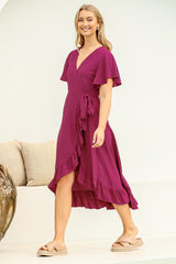 Carolina Midi Dress - V Neck Wrap Dress with Ruffle High Low Hemline in Purple