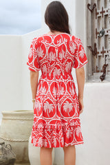 Caroline Mini Dress - Flutter Sleeve V-Neck Dress with Pull Tie Waist in Holly Print Red