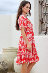 Caroline Mini Dress - Flutter Sleeve V-Neck Dress with Pull Tie Waist in Holly Print Red