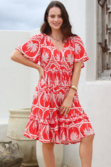 Caroline Mini Dress - Flutter Sleeve V-Neck Dress with Pull Tie Waist in Holly Print Red