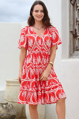 Caroline Mini Dress - Flutter Sleeve V-Neck Dress with Pull Tie Waist in Holly Print Red