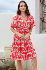 Caroline Mini Dress - Flutter Sleeve V-Neck Dress with Pull Tie Waist in Holly Print Red