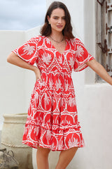 Caroline Mini Dress - Flutter Sleeve V-Neck Dress with Pull Tie Waist in Holly Print Red