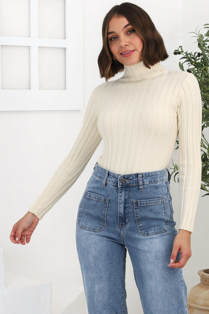 Carson Knit Top - Turtle Neck Knit Top with Scallop Hemlines in Beige
