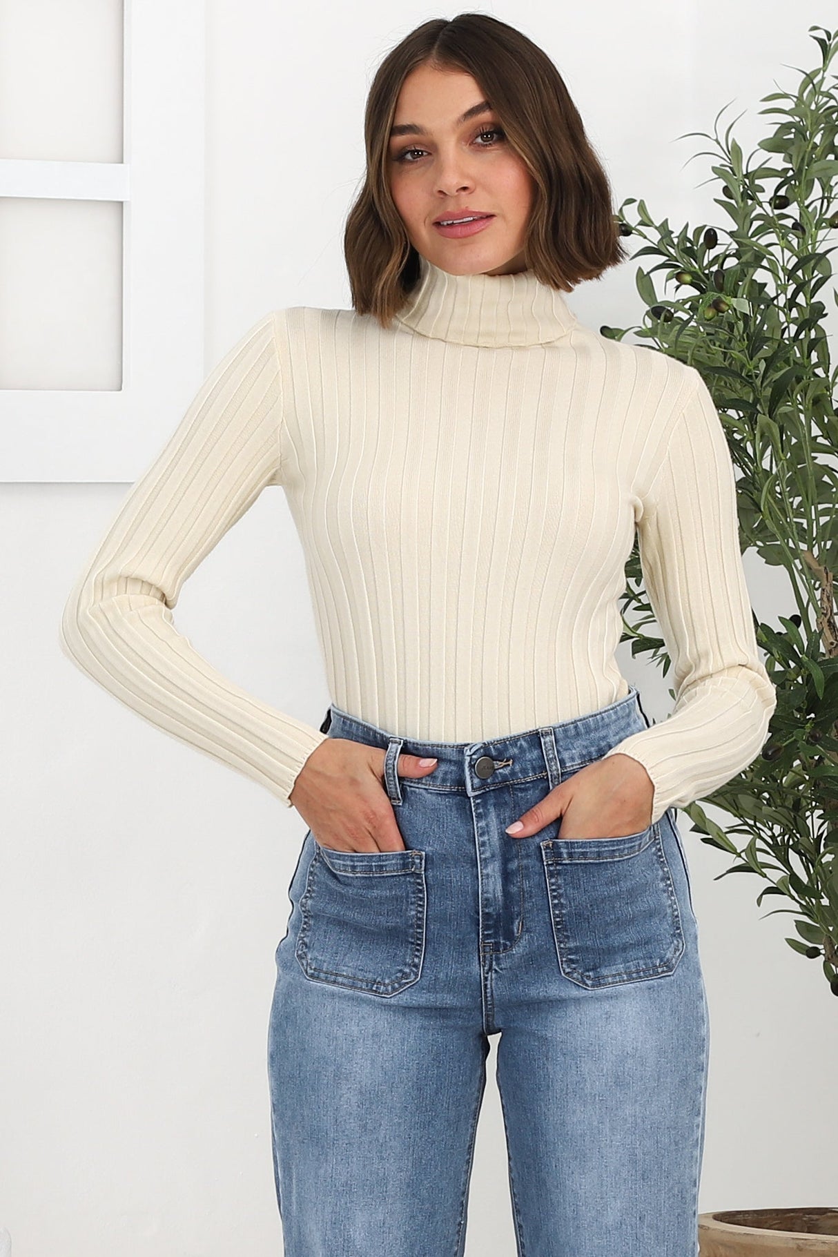 Carson Knit Top - Turtle Neck Knit Top with Scallop Hemlines in Beige