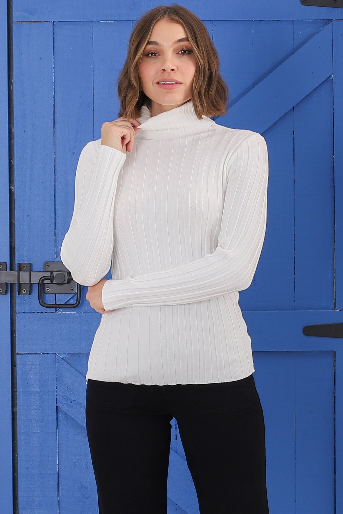 Carson Knit Top - Turtle Neck Knit Top with Scallop Hemlines in White