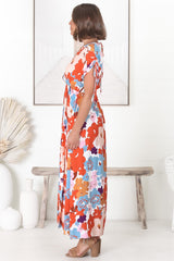 Cartia Maxi Dress - Cross Over Bodice Batwing Sleeves with Tie Detail Dress in Graphic Floral Print