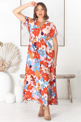 Cartia Maxi Dress - Cross Over Bodice Batwing Sleeves with Tie Detail Dress in Graphic Floral Print