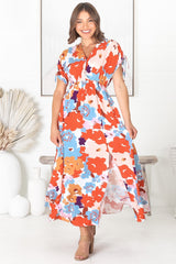 Cartia Maxi Dress - Cross Over Bodice Batwing Sleeves with Tie Detail Dress in Graphic Floral Print