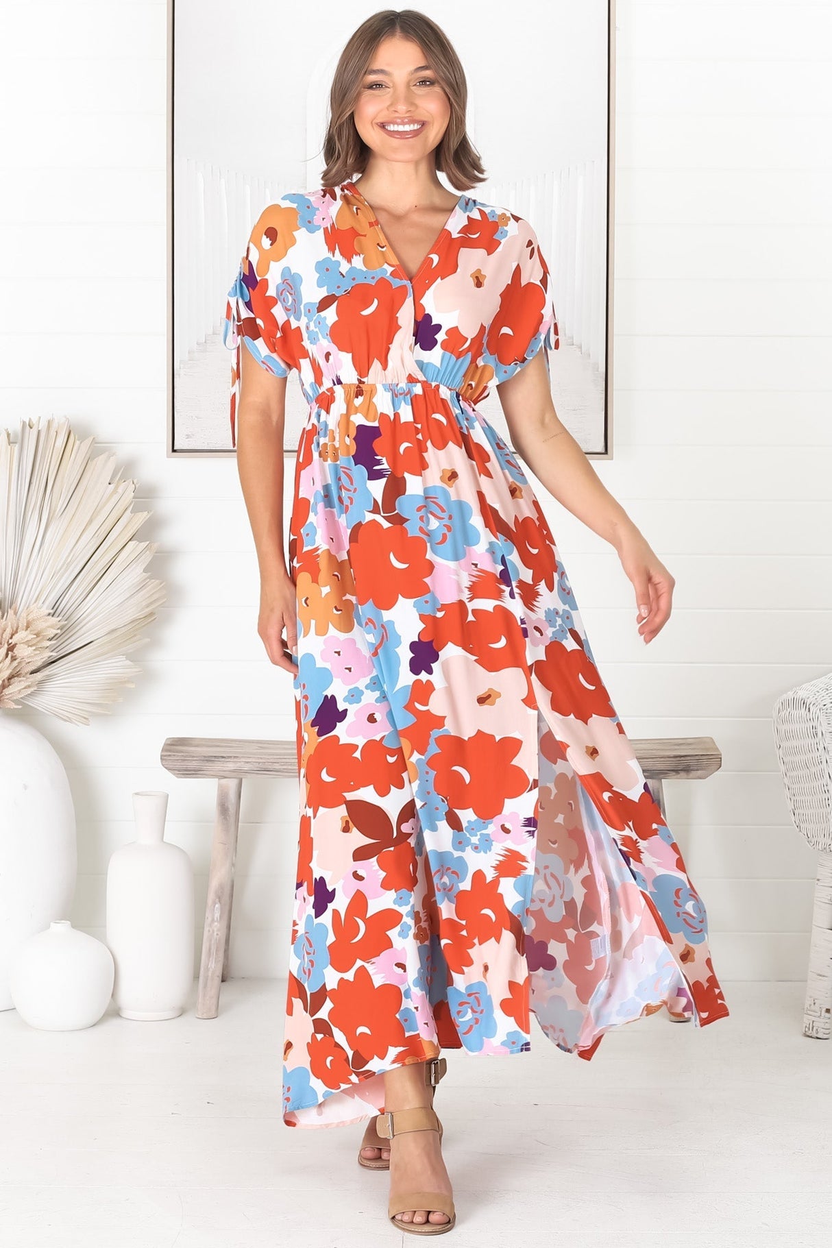 Cartia Maxi Dress - Cross Over Bodice Batwing Sleeves with Tie Detail Dress in Graphic Floral Print