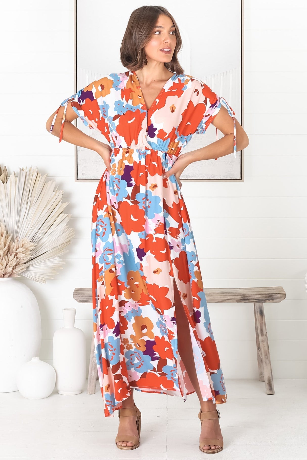 Cartia Maxi Dress - Cross Over Bodice Batwing Sleeves with Tie Detail Dress in Graphic Floral Print