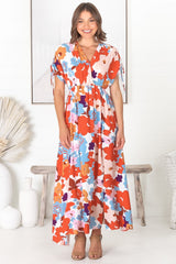 Cartia Maxi Dress - Cross Over Bodice Batwing Sleeves with Tie Detail Dress in Graphic Floral Print