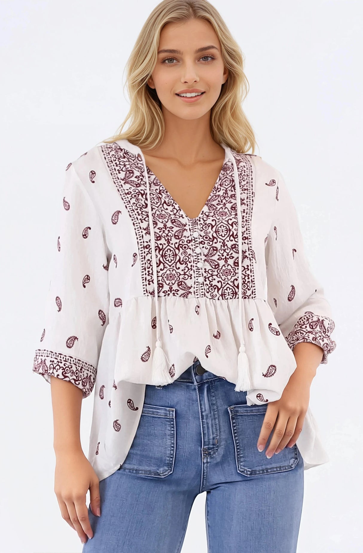 Carys Blouse - V-Neck Buttoned Bodice Pull Over Top in Wright Print Wine