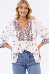 Carys Blouse - V-Neck Buttoned Bodice Pull Over Top in Wright Print Wine