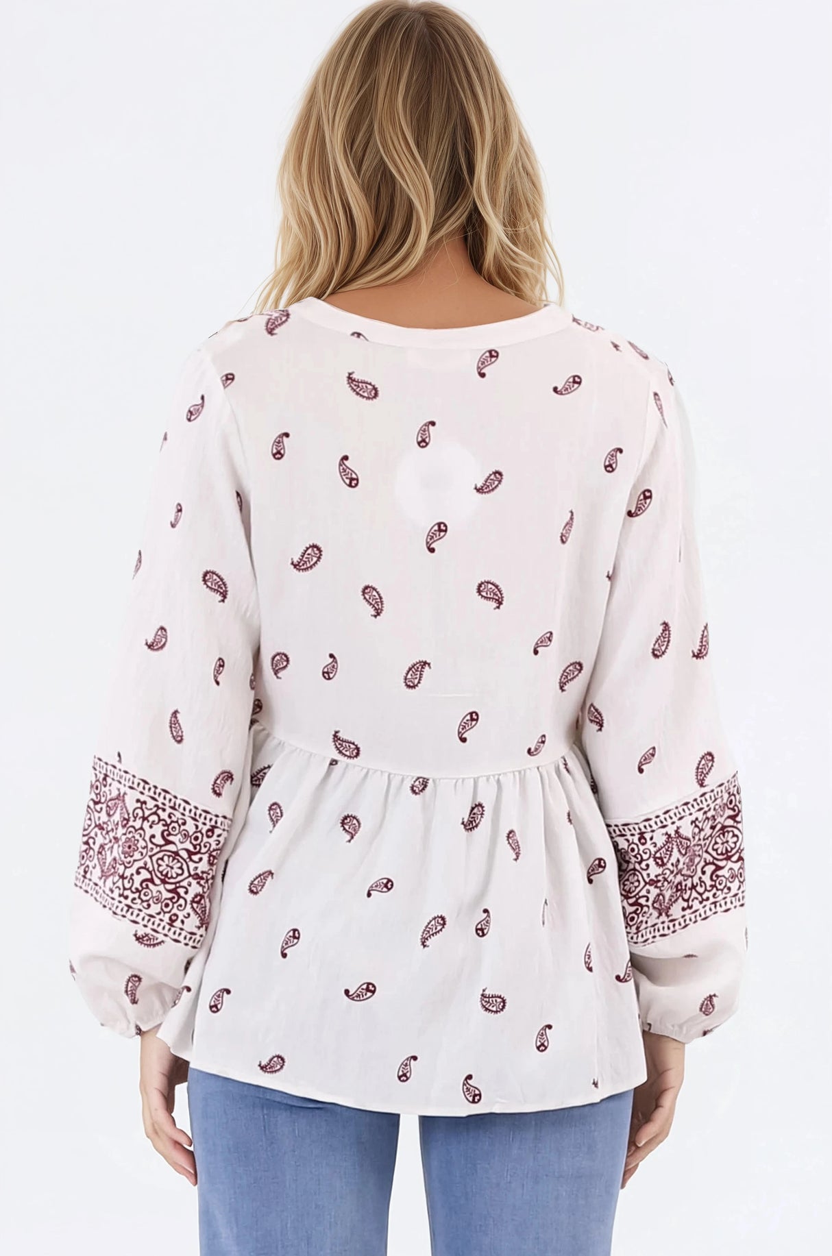 Carys Blouse - V-Neck Buttoned Bodice Pull Over Top in Wright Print Wine