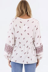 Carys Blouse - V-Neck Buttoned Bodice Pull Over Top in Wright Print Wine