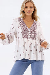 Carys Blouse - V-Neck Buttoned Bodice Pull Over Top in Wright Print Wine