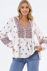 Carys Blouse - V-Neck Buttoned Bodice Pull Over Top in Wright Print Wine