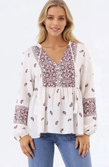 Carys Blouse - V-Neck Buttoned Bodice Pull Over Top in Wright Print Wine