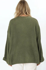 Casey Cardigan - Asymmetric Button Front Ribbed Cardigan in Olive