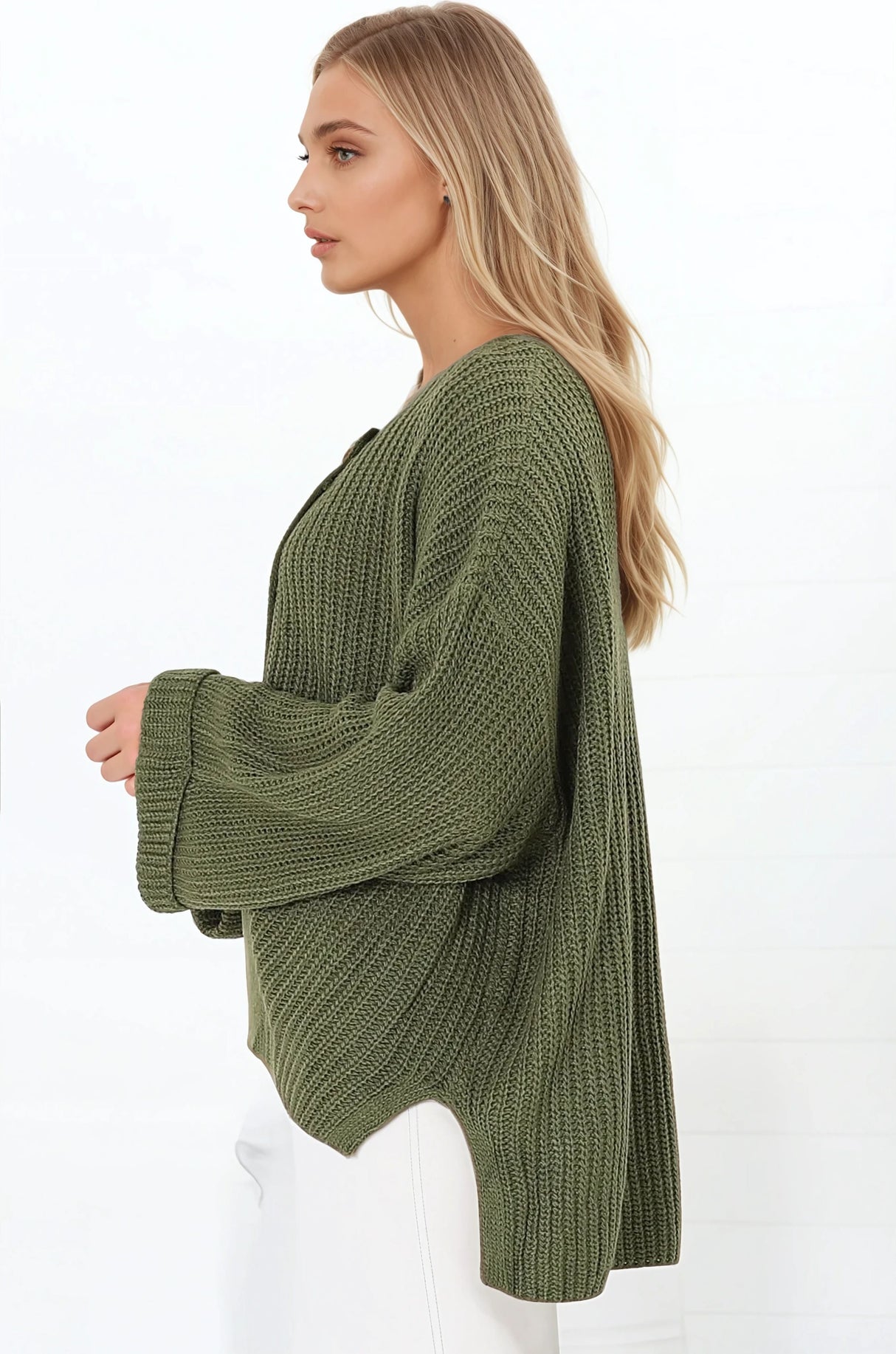 Casey Cardigan - Asymmetric Button Front Ribbed Cardigan in Olive