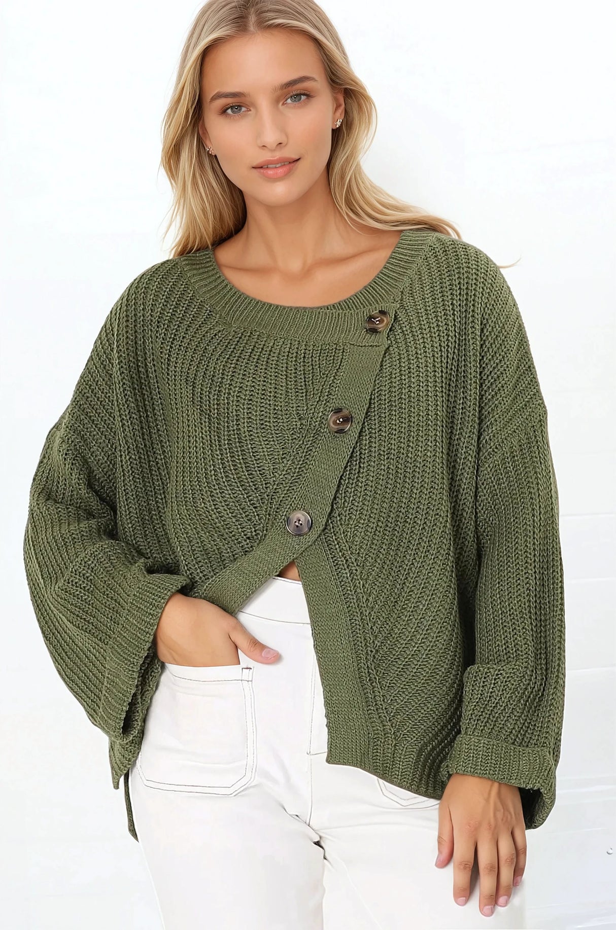 Casey Cardigan - Asymmetric Button Front Ribbed Cardigan in Olive