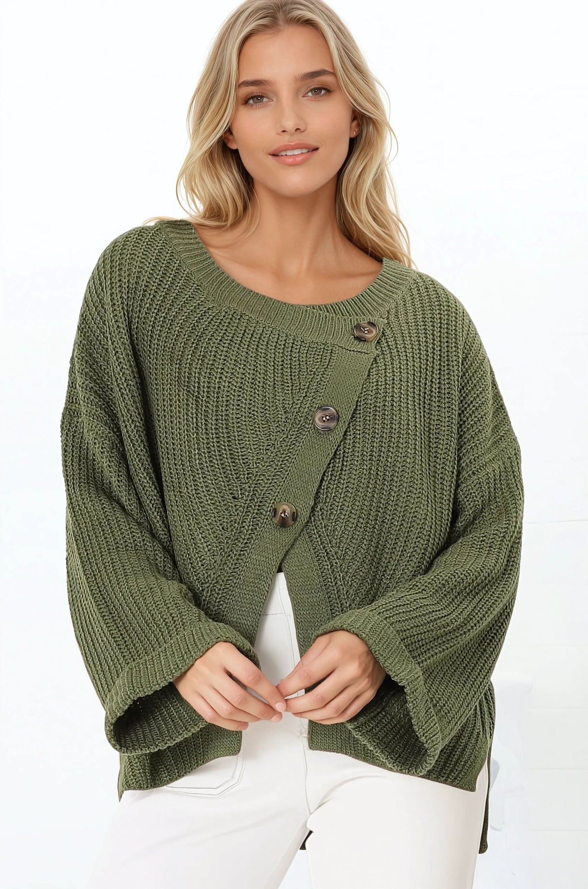 Casey Cardigan - Asymmetric Button Front Ribbed Cardigan in Olive